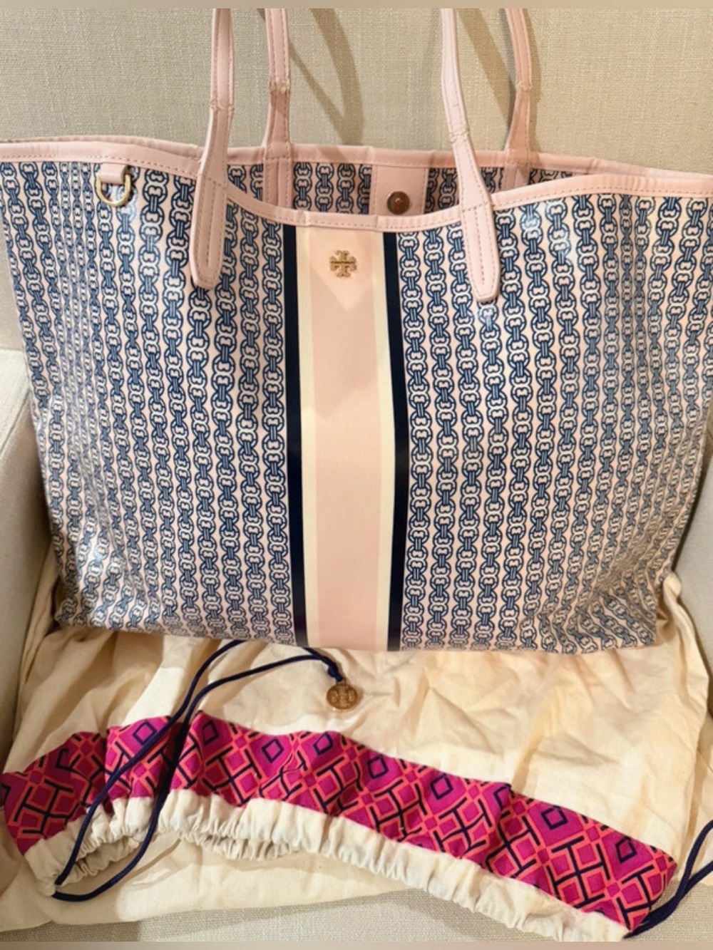Tory Burch Gemini Link Tote Pink Navy White + Dust Bag